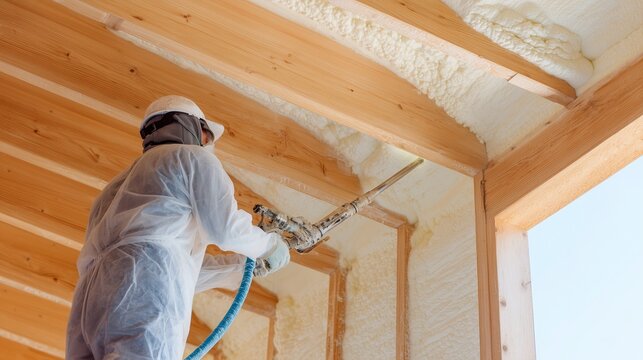 Construction worker using spray gun to apply polyurethane foam insulation