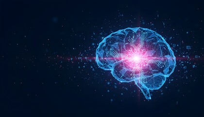 Digital wireframe human brain with glowing central light on a dark background, representing thought, AI, or consciousness.