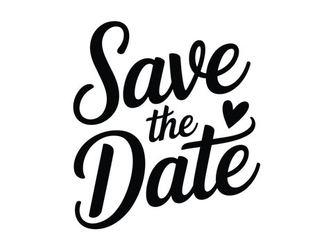 Save the date text in black with a heart on a white background