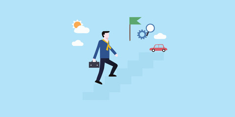 Businessman climbing stairs to achieve success and reach goals in business life