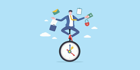 Businessman balancing on clock unicycle with work items in the air