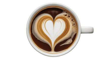 White coffee cup with latte art heart shape isolated on a transparent background