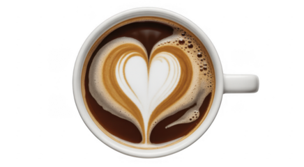 White coffee cup with latte art heart shape isolated on a transparent background