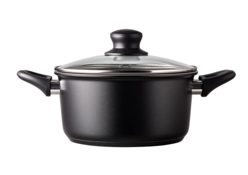 Black cooking pot with glass lid isolated on a transparent background