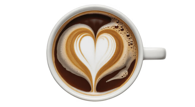 White coffee cup with latte art heart shape isolated on a transparent background