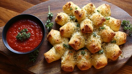 Enjoy fresh baked garlic knots with marinara dipping sauce, a delicious appetizer for sharing with friends at your next party or casual gathering