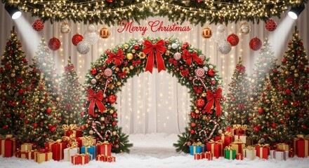 Indoor Christmas Arch Backdrop with Snowy Decorations, Red Bows, Candy Canes, and Festive Lighting