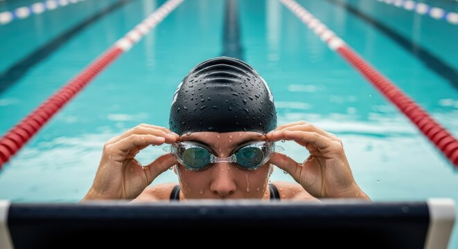 Focused female swimmer in black cap and goggles preparing for race in pool