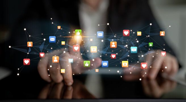 Social media interaction digital icons floating show concept of social media marketing. Online engagement, influencer marketing, and modern connection technology. Spline