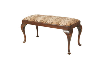 Classic Upholstered Bench with Leopard Print Fabric and Carved Wood Legs. Elegant Interior Furniture. PNG