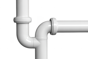 White plumbing pipes connected with elbows and joints isolated on a transparent background