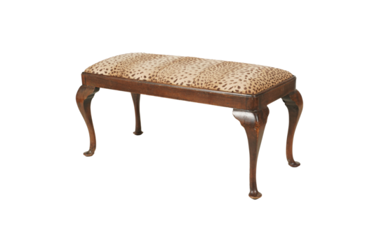 Classic Upholstered Bench with Leopard Print Fabric and Carved Wood Legs. Elegant Interior Furniture. PNG