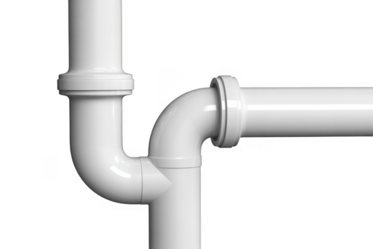 White plumbing pipes connected with elbows and joints isolated on a transparent background
