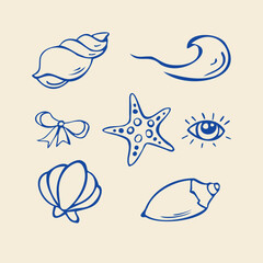 Set of sea shells doodles blue on beige background