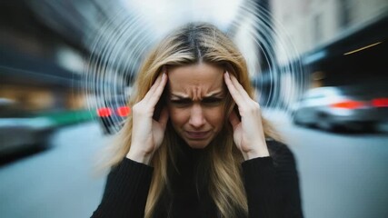 Dizziness moment frame: Female figure shows unsteady posture, inner swirl, equilibrium fight, mental haze, physical symptom, wellness drift, psychological strain, medical clue, stress sign, wellness