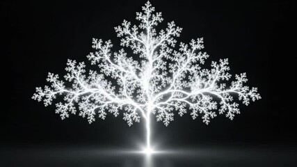 Abstract animation of fractal tree emerging and branching out. White glowing structure evolving from simple roots to intricate foliage on black background. Digital visualization of natural geometric