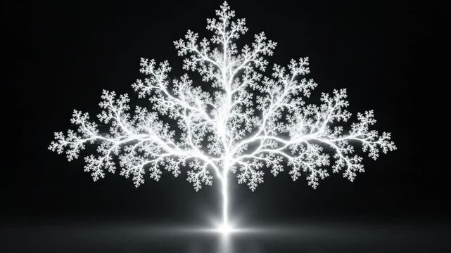 Abstract animation of fractal tree emerging and branching out. White glowing structure evolving from simple roots to intricate foliage on black background. Digital visualization of natural geometric