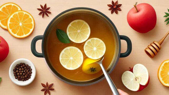 Citrus infused tea with apples and spices in minimalist flat lay