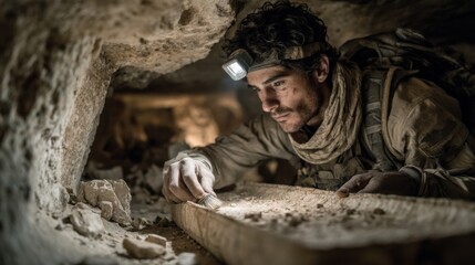 Archaeologist carefully examining ancient artifacts in a cave during an excavation in the early morning light
