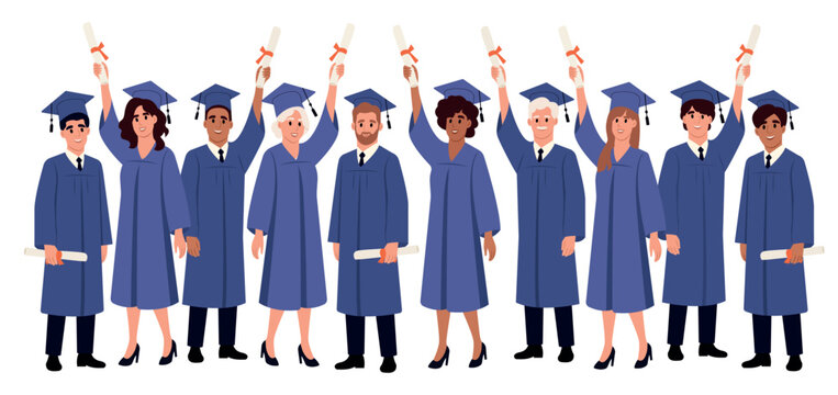 International Day of Education. Set of diverse students characters. Graduation persons wearing a cap and gown. Higher education ceremony. Vector flat illustration.