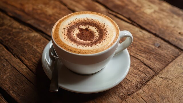 A perfectly made cappuccino with chocolate dusting on a wooden table - Powered by Adobe