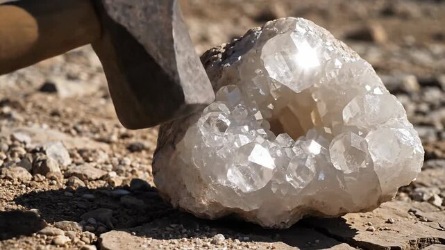Hammer striking a sparkling geode crystal on dry cracked earth capturing the raw beauty of geology