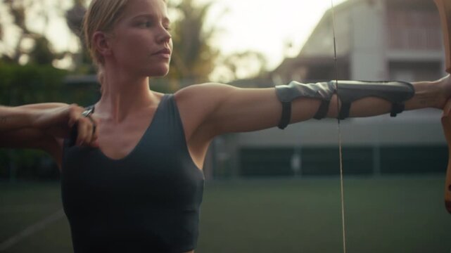 A focused young woman, in her twenties, practices archery outdoors, drawing the bowstring with strength and aiming for the target. Her dedication to sport and precision is evident.