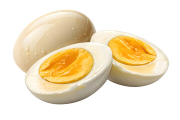Two halves of a hard boiled egg and one whole egg isolated on transparent background