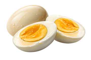 Two halves of a hard boiled egg and one whole egg isolated on transparent background