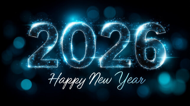 Bright glowing 3D numbers forming "2026" in the center of the frame, with the number "0" designed as a circular ring made of sparkling light particles. Soft floating bokeh lights a