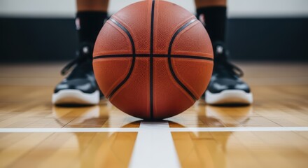 Basketball focus on court with athletic shoes in background