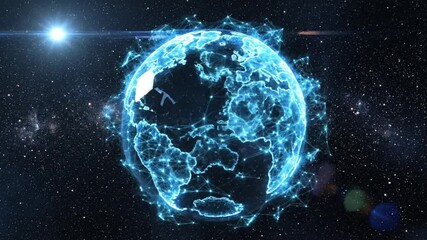 Abstract visualization of a futuristic blue digital Earth with a glowing plexus network symbolizing global data communication and technology - Powered by Adobe
