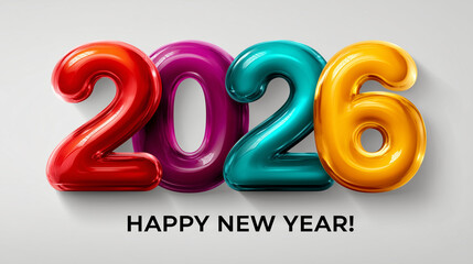 Minimalist modern New Year graphic featuring large oversized "2026" digits arranged diagonally across the canvas, each digit in a different bold translucent color. The "2" on the l