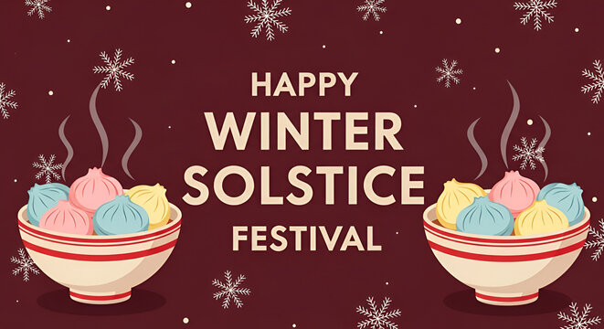 Happy Winter Solstice Festival Vector Illustration with Tangyuan, Chinese Dongzhi Dumplings, and Snowflakes Greeting Card