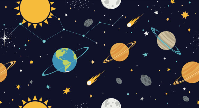 Seamless outer space pattern for kids with cartoon planets, sun, moon, comets, stars, and constellations on a dark blue background.