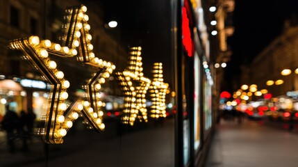 Decorative star lights illuminate the night streets in a vibrant city setting