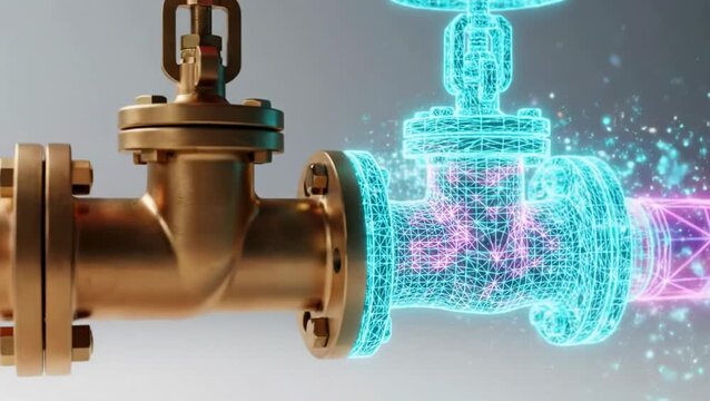 Realistic metal pipe valve transforming into futuristic digital wireframe hologram with glowing neon particles on grey background
