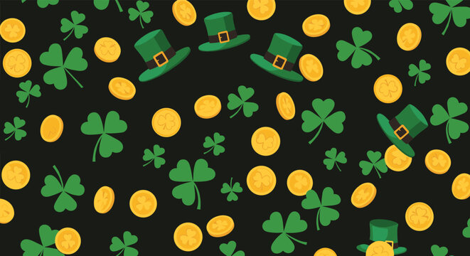 Festive St. Patrick's Day seamless pattern with green leprechaun hats, shamrocks, and gold coins scattered on a black background.