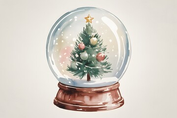 Watercolor snow globe with christmas tree inside isolated on white background