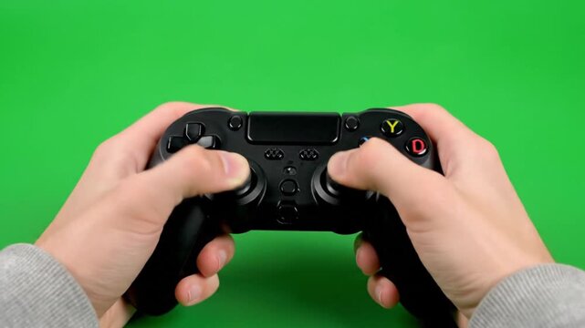 First person view of hands holding a black video game controller against a green screen for easy keying