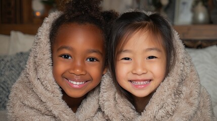 Adorable diverse girls wrapped in cozy blanket, smiling warmly, creating a feeling of joy and comfort for heartwarming family moments and childhood memories