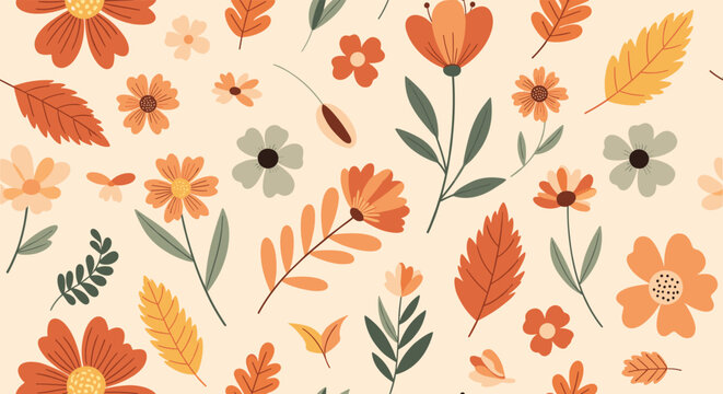 Seamless autumn floral pattern with various hand-drawn flowers and leaves in warm fall colors on a light beige background.