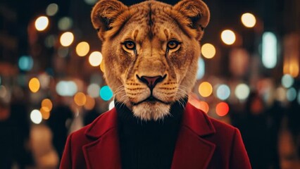 Anthropomorphic lioness character in elegant red coat standing on busy city street at night with blurred bokeh lights background
