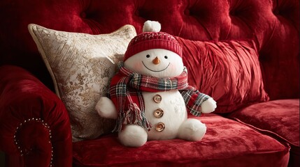 Cozy Christmas cheer with a cuddly snowman toy on a luxurious red velvet couch, perfect for holiday promotions and festive winter campaigns