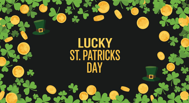 Festive St. Patrick's Day banner with 'Lucky St. Patricks Day' text, framed by shamrocks, leprechaun hats, and gold coins on black. - Powered by Adobe