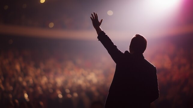Pastor raising hand during sermon with blurred audience background