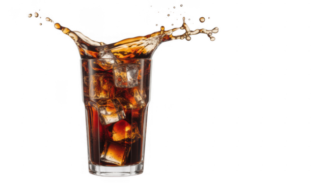 Cola drink with ice cubes splashing in a glass isolated on a transparent background