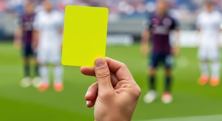 Soccer referee shows yellow card during match on field