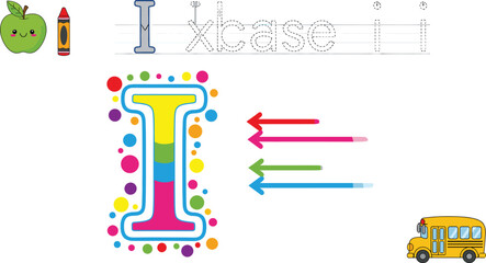 Letter I tracing worksheet&mdash;uppercase and lowercase practice with apple, crayon, arrows, and school bus