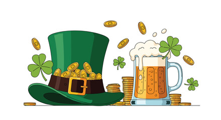 A festive St. Patrick's Day composition with a leprechaun hat full of gold coins, a frothy mug of beer, and lucky shamrocks.